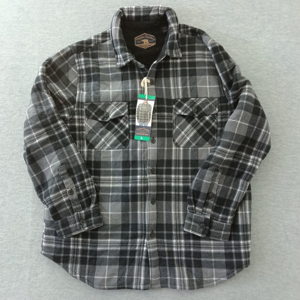 Freedom Foundry Mens XL Super Plush Sherpa Lined Fleece Plaid Shirt Jacket Grey